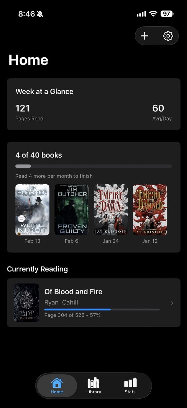 Bibliostats Home Screen showing Week at a Glance, reading goals, and currently reading