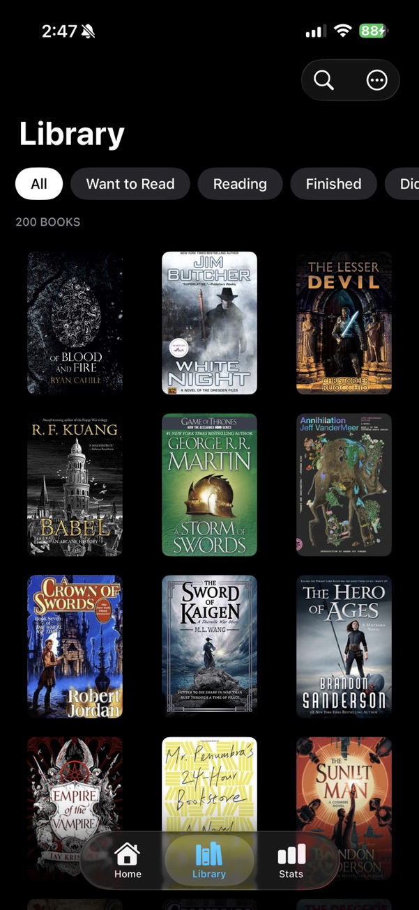 Library view showing 200 books in a grid